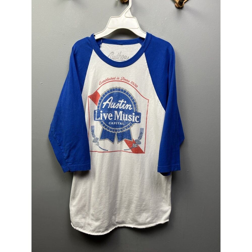 Outhouse Designs Baseball Tee Unisex Medium White Blue Austin Live Music Capital